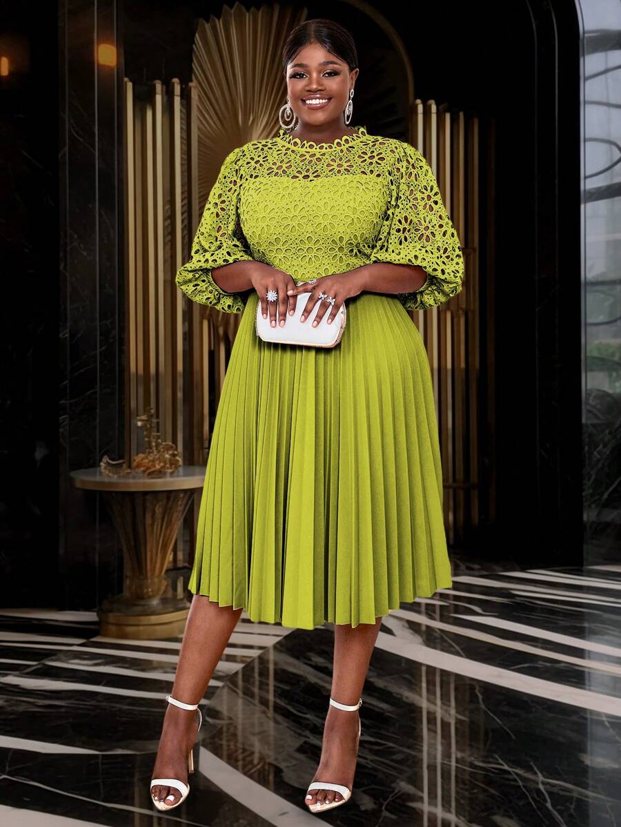 Plus Size Solid Color Lace Patchwork Lantern Sleeve Dress - Green - View 1