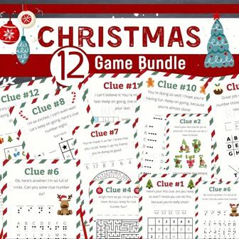24 件装，圣诞游戏包，圣诞派对游戏，4.8x6.73 英寸，12 个游戏，双面打印，适合 4 人，圣诞智能游戏，圣诞派对和课堂游戏，适合派对、团体、个人游戏。简单游戏，不附带答题卡