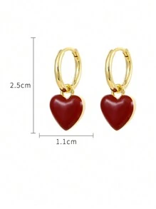 1对时尚优雅清新水滴釉酒红色爱心耳环，高级感优雅简约耳环，送礼的理想之选 - 均碼 - 查看 7
