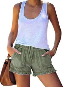 Womens Washed Denim Shorts, Casual Drawstring Elastic Waist Frayed Hem Loose Short Jeans - màu xanh lá - Xem 1