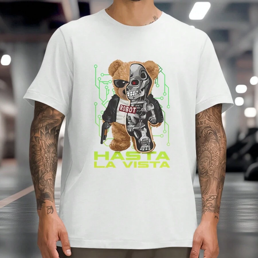 ROBOT TERMINATOR BEAR T-Shirt Bear Robot Hasta La Vista Streetwear Shirt 100% Cotton - 白色 - 查看 1