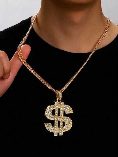 1 Piece Of European And American Jewelry Vintage Hip-Hop Gold Chain Dollar Symbol Necklace Dollar Symbol Inlaid Diamond Pendant