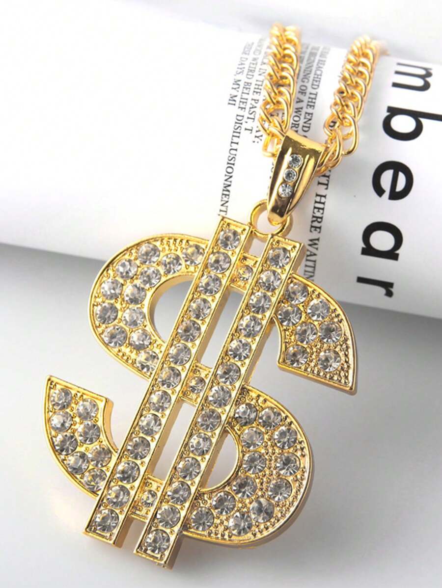 1pc Vintage Hip-Hop Style Gold Chain Necklace With Rhinestone Dollar Sign Pendant, Kids