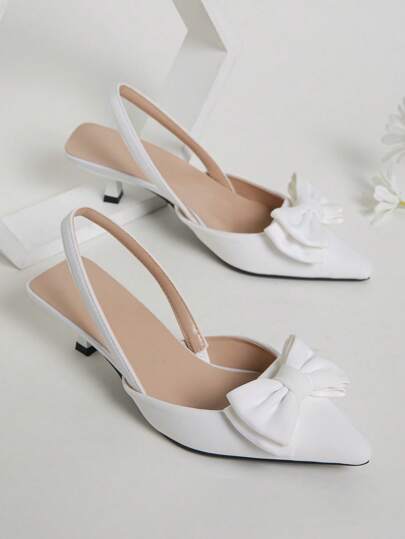 Zapatos de tacón alto blancos para mujer de otoño/invierno, bombas de punta fina con decoración de lazo y tacón de gatito, adecuados para ocasiones casuales y formales, elegantes, para fiesta