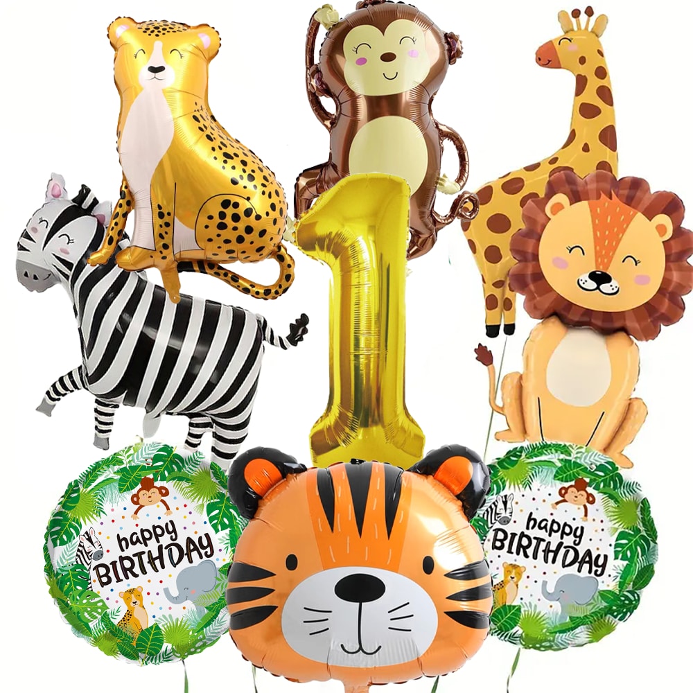 9 piezas de globos de papel de aluminio con números del 0 al 9 con diseños de león, mono, cebra y animales de la selva para decoración de fiestas de cumpleaños y eventos temáticos