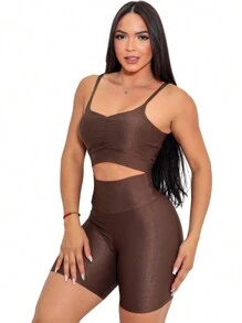 Cropped Set With Padded Bra And High Waist Shorts Fitness Sport Casual Women's Gym - 鏽棕色 - 查看 1