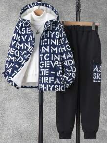 2pcs/Set Tween Boy Casual Solid Letter Print Thickened Long Sleeve Jacket & Pants Outfit, Autumn/Winter - Navy Blue - View 1