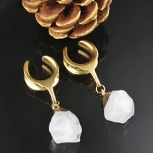 2PCS Stainless Steel Saddle Hangers Natural Stone Drop Ear Plugs Tunnels Plug Ear Gauges Stretching Ear Weight Body Piercing Jewelry - Natural Stone - View 3