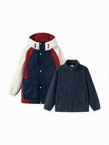 Balabala Tween Boys Fleece-Trimmed Jacket Set Two-Piece Winter 2024 Outfit - Dark Blue - View 1