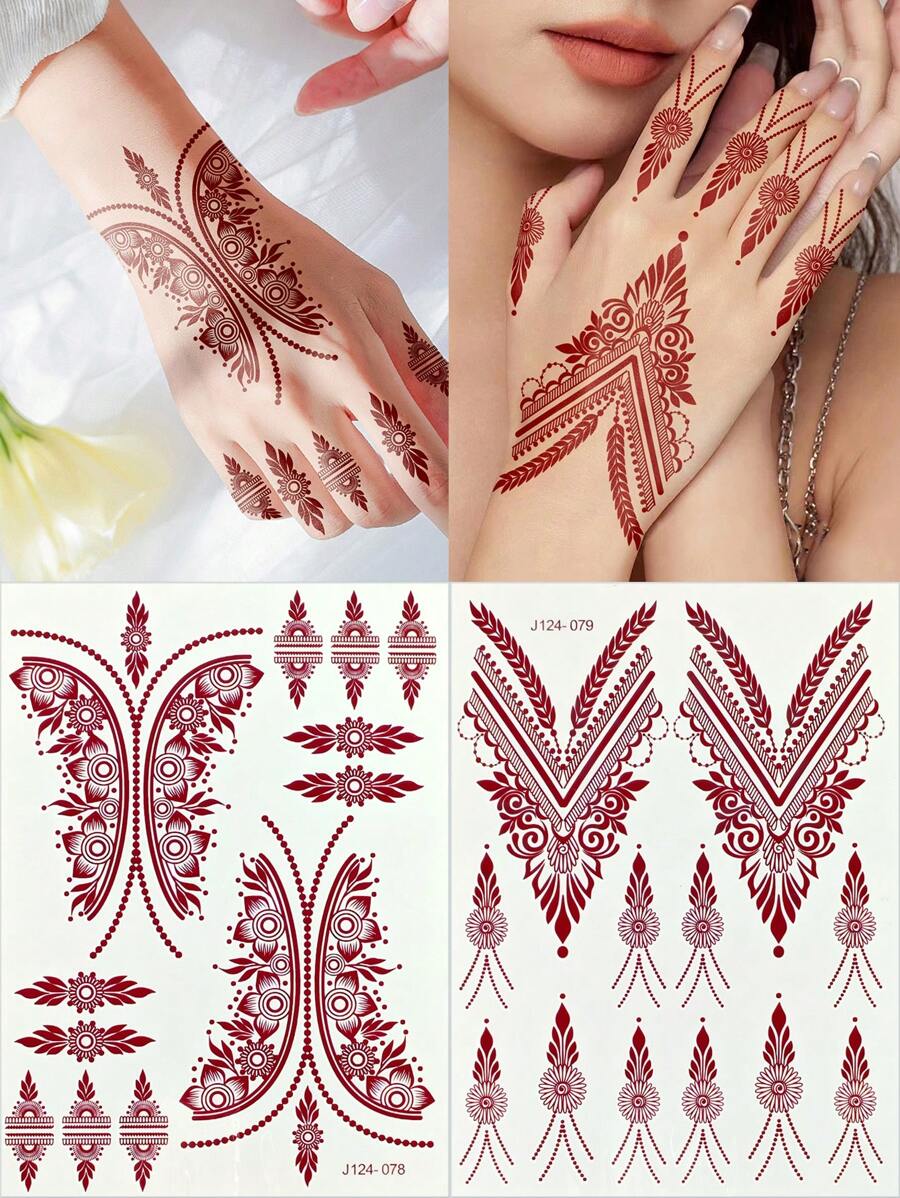 2 件棕色花朵指甲花纹身贴纸花卉防水临时纹身贴纸 Mehndi 设计手部身体艺术化妆假纹身