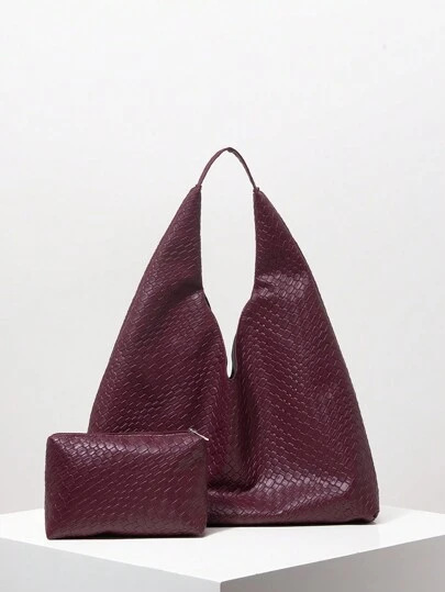 Women Retro Faux Leather Woven Pattern Shoulder Bag, Large Capacity Tote Bag, Minimalist Casual Underarm Bag, Big Handbag With Wallet, Set Bag, Commuter Bag And Shopping Bag (Pattern Random), New Arrival Tote Bags For Woman , Purple