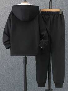 2 件装青少年男孩休闲装连帽长袖羊毛夹克和工装长裤，秋冬季