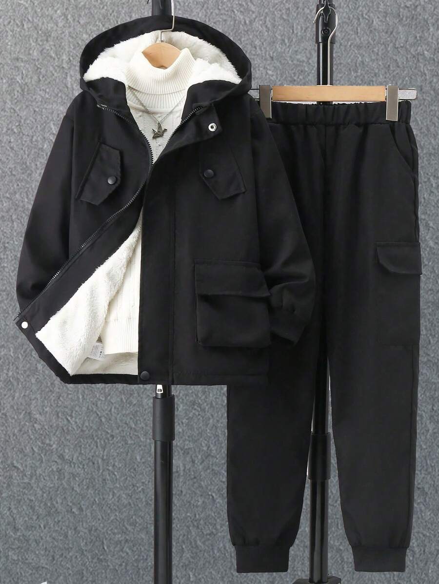 2 件装青少年男孩休闲装连帽长袖羊毛夹克和工装长裤，秋冬季