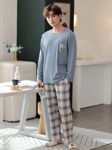 QIANNIANMA Herren Rundhals Langarm & Hosen Pyjama Set, bequemer und hautfreundlicher Stil Pyjamas für gemütliches Loungewear der Herren