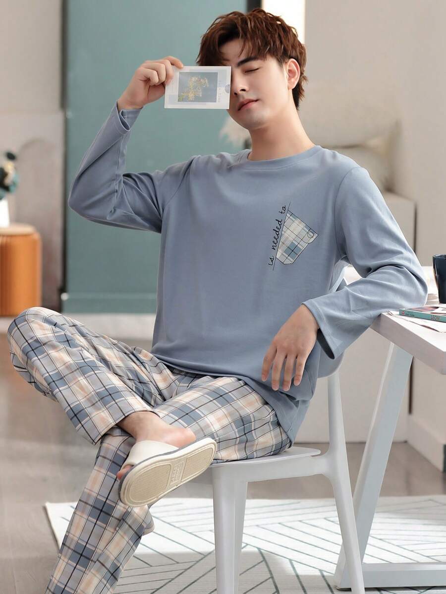 QIANNIANMA Herren Rundhals Langarm & Hosen Pyjama Set, bequemer und hautfreundlicher Stil Pyjamas für gemütliches Loungewear der Herren