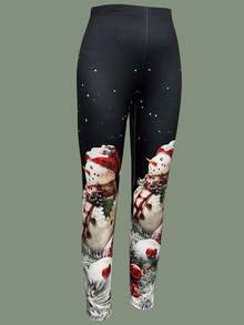 休闲圣诞雪人印花紧身裤 - 圍巾雪人 - 查看 6