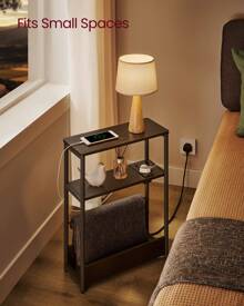 VASAGLE Slim Side Table With Charging Station, 3-Tier Narrow Bedside Table, End Table For Small Spaces, Magazine Rack, For Living Room, Bedroom, Study, Ebony Black And Ink Black - UK Plug(220-240V) - View 2