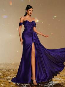 Smilprince 优雅温柔的紫色缎面露肩高开叉长款紧身晚礼服，优雅派对礼服，女士舞会礼服，正式晚礼服婚礼宾客礼服，适合毕业典礼、晚宴 - 寶藍色 - 查看 5