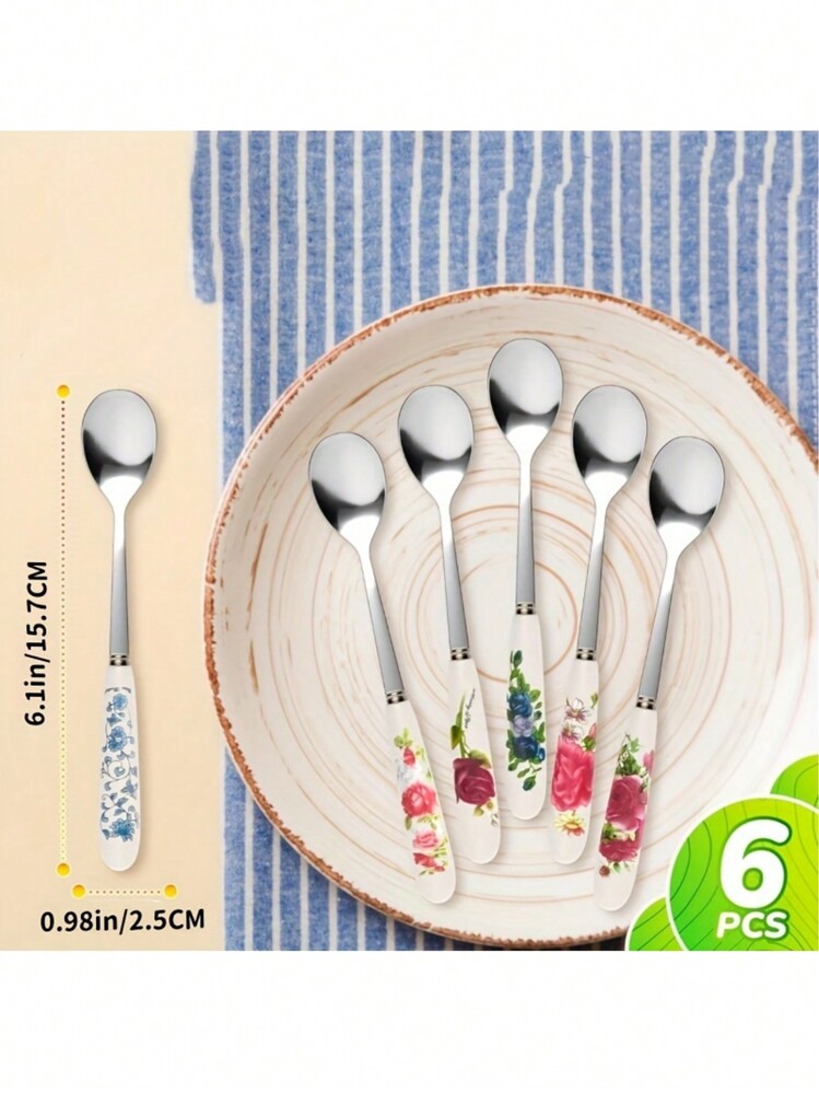 6pcs/Set High-End Stainless Steel Utensils, Ceramic Handle Coffee Spoon, Dessert Spoon - For Sugar, Ice Cream, Soup, Kitchen And Dining Use Back To School - 6 Colors - View 2