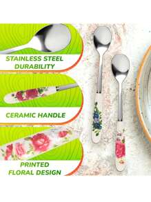 6pcs/Set High-End Stainless Steel Utensils, Ceramic Handle Coffee Spoon, Dessert Spoon - For Sugar, Ice Cream, Soup, Kitchen And Dining Use Back To School - 6 Colors - View 1