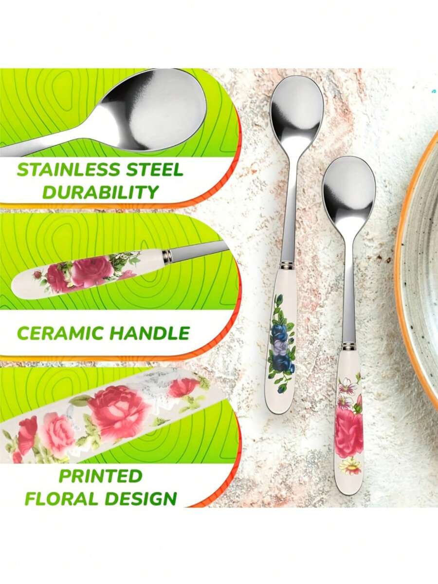 6pcs/Set High-End Stainless Steel Utensils, Ceramic Handle Coffee Spoon, Dessert Spoon - For Sugar, Ice Cream, Soup, Kitchen And Dining Use Back To School - 6 Colors - View 1