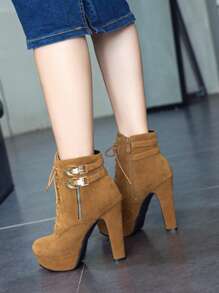 Botas de salto alto estilo princesa, botas de cano curto sexy de couro com cadarço e salto grosso para outono/inverno, botas elegantes. - Amarelo - Ver 5