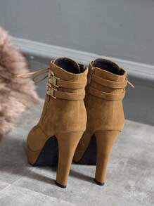 Botas de salto alto estilo princesa, botas de cano curto sexy de couro com cadarço e salto grosso para outono/inverno, botas elegantes. - Amarelo - Ver 3