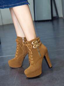 Botas de salto alto estilo princesa, botas de cano curto sexy de couro com cadarço e salto grosso para outono/inverno, botas elegantes. - Amarelo - Ver 4