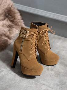 Botas de salto alto estilo princesa, botas de cano curto sexy de couro com cadarço e salto grosso para outono/inverno, botas elegantes. - Amarelo - Ver 2