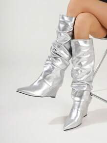 Women's Pleated Long Boots, Fashion Versatile Pointed Toe Wedge Heel Slip-On Knee-High Boots, Suitable For All Seasons - Silver - View 3