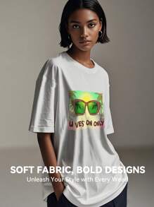Women's Print Short Sleeve T-Shirt, Black & White Shirt, 180gsm Shirt, Crew Neck Short Sleeve T-Shirt, Breathable & Comfortable Casual Sports Fitness Tee, Casual Vintage Style, Suitable For Summer, Beach Holiday Crew Neck Short Sleeve Casual T-Shirt, Summer Tee