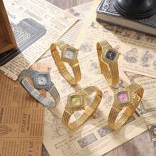 1pc Women's Gold Rhombus Rhinestone Stainless Steel Mesh Band Quartz Watch, 3ATM Water Resistant, Suitable For Daily Wear, Christmas Party, Gift