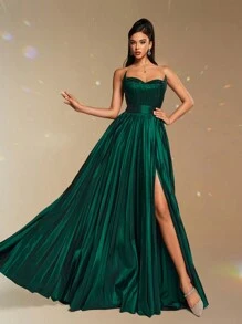 Smilprince 优雅绿色露肩 A 字形高开衩褶皱长裙，优雅派对，女士舞会礼服，婚礼宾客、毕业典礼、晚宴正式晚礼服