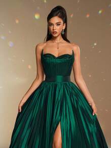 Smilprince 优雅绿色露肩 A 字形高开衩褶皱长裙，优雅派对，女士舞会礼服，婚礼宾客、毕业典礼、晚宴正式晚礼服