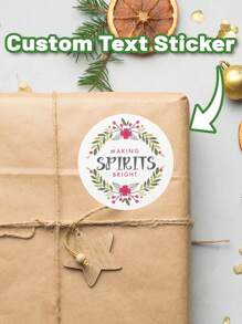 12/24/40pcs Customized Personalized Christmas Gift Circular Stickers, Customized Holiday Christmas Label Stickers, White Background Flower And Green Leaf Pattern Design, Customized Text Christmas Happy Label Personalized Gifts, - Multicolor - View 8
