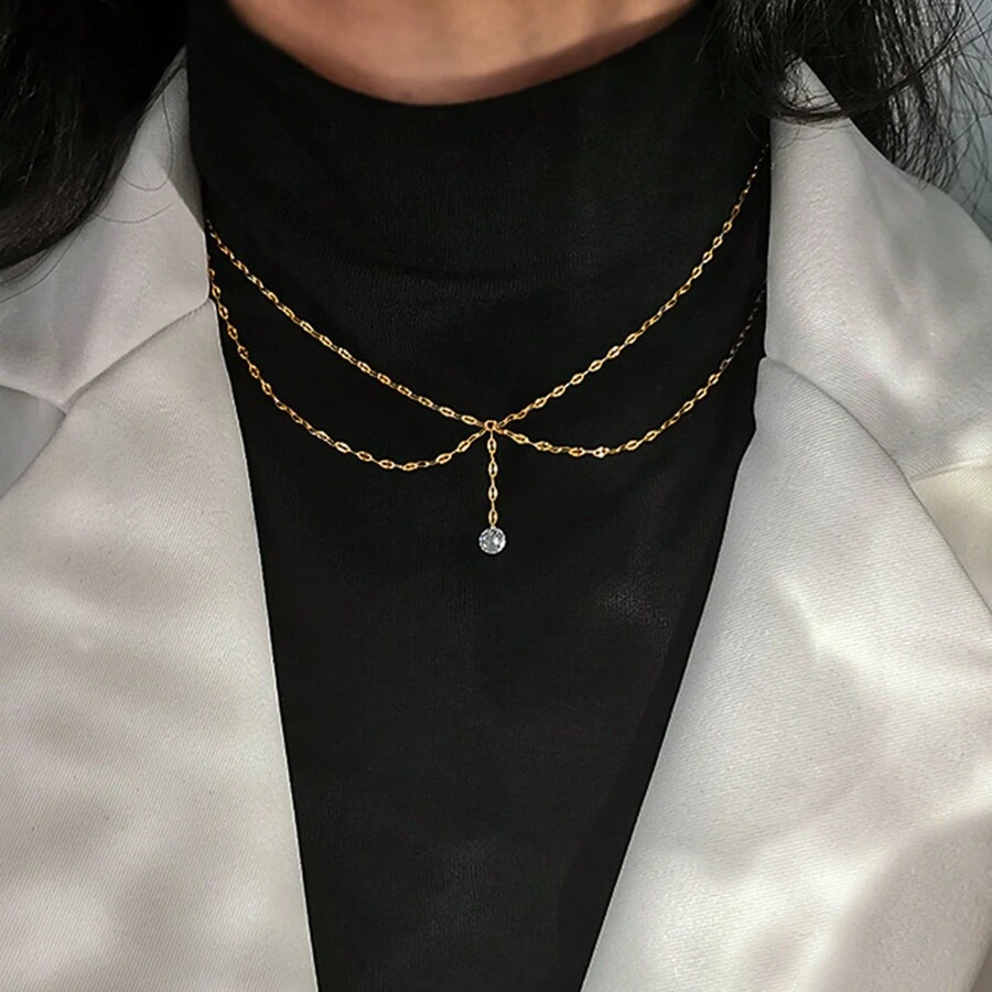 1pc Ins Style Elegant Women's Non-Fading Stainless Steel Necklace, Double Layer Cross Chain With Water Drop Rhinestone Pendant, Versatile Jewelry For Dating, Outing And Daily Wear - Double Layer Necklace - View 1