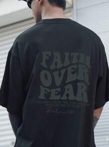 Plus Size Men Slogan "Conquer Fear" Print Street Style Round Neck Short Sleeve T-Shirt