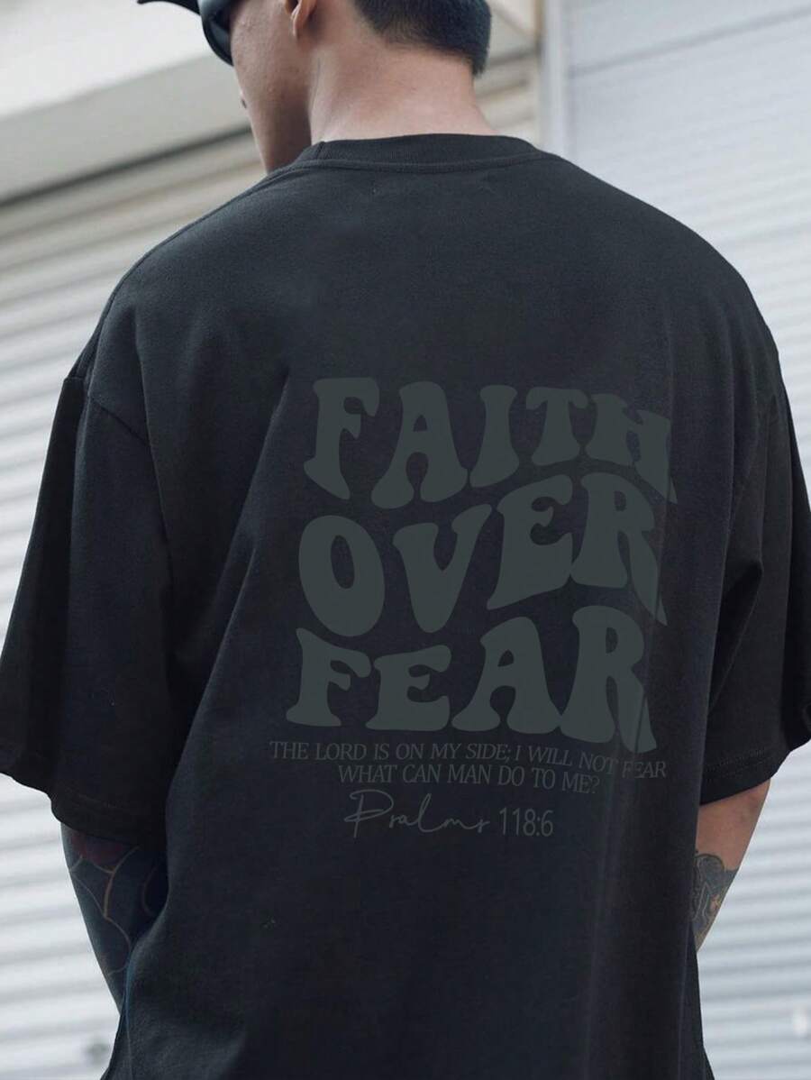 Plus Size Men Slogan "Conquer Fear" Print Street Style Round Neck Short Sleeve T-Shirt