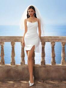 Women's Solid Color Spaghetti Strap Bodycon Minimalist Dress, Sexy Front Slit Short Dress, Suitable As Bridal Shower Dress Or Party Dress