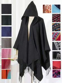 1 件纯色渐变休闲连帽斗篷，秋冬款 - 彩色 - 查看 12