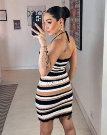 Strapless, Striped, Beach Dress - 黑色 - 查看 3