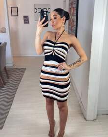 Strapless, Striped, Beach Dress - 黑色 - 查看 1