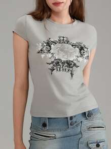 Women Y2K Short Sleeve Shirt Vintage Printing Round Neck Slim Fit Babydoll Tops Summer Casual T-Shirts Streetwear Gothic Aesthetic Clothes