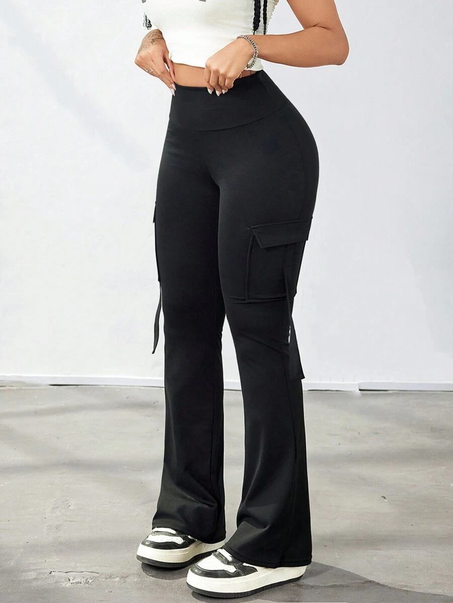 Y2K Wide Waistband High Stretch Pocket Tape Decor Booty Workout Lifting Athletic Gym Flare Leg Leggings Cargo Pants Fall Clothes For Women Casual Black Spring - 黑色 - 查看 1