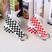 1pc New Nylon Canvas Belt, Fashion Versatile Waist Strap With Double Ring Buckle, Plaid Print Jeans Belt - A - View 1