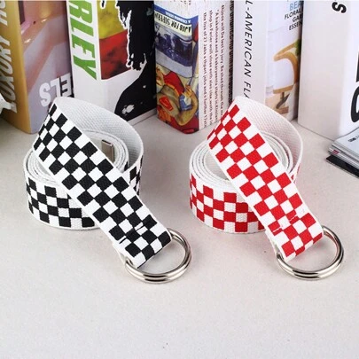 1pc New Nylon Canvas Belt, Fashion Versatile Waist Strap With Double Ring Buckle, Plaid Print Jeans Belt