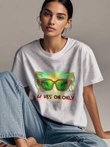Women's Print Short Sleeve T-Shirt, Black & White Shirt, 180gsm Shirt, Crew Neck Short Sleeve T-Shirt, Breathable & Comfortable Casual Sports Fitness Tee, Casual Vintage Style, Suitable For Summer, Beach Holiday Crew Neck Short Sleeve Casual T-Shirt, Summer Tee