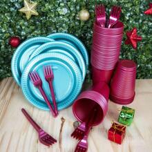 Disposable Christmas Kit Dessert Fork Plate Cup Complete 50 Decoration Christmas Ornaments - Xanh ngọc trai và Đỏ ngọc trai - Xem 3