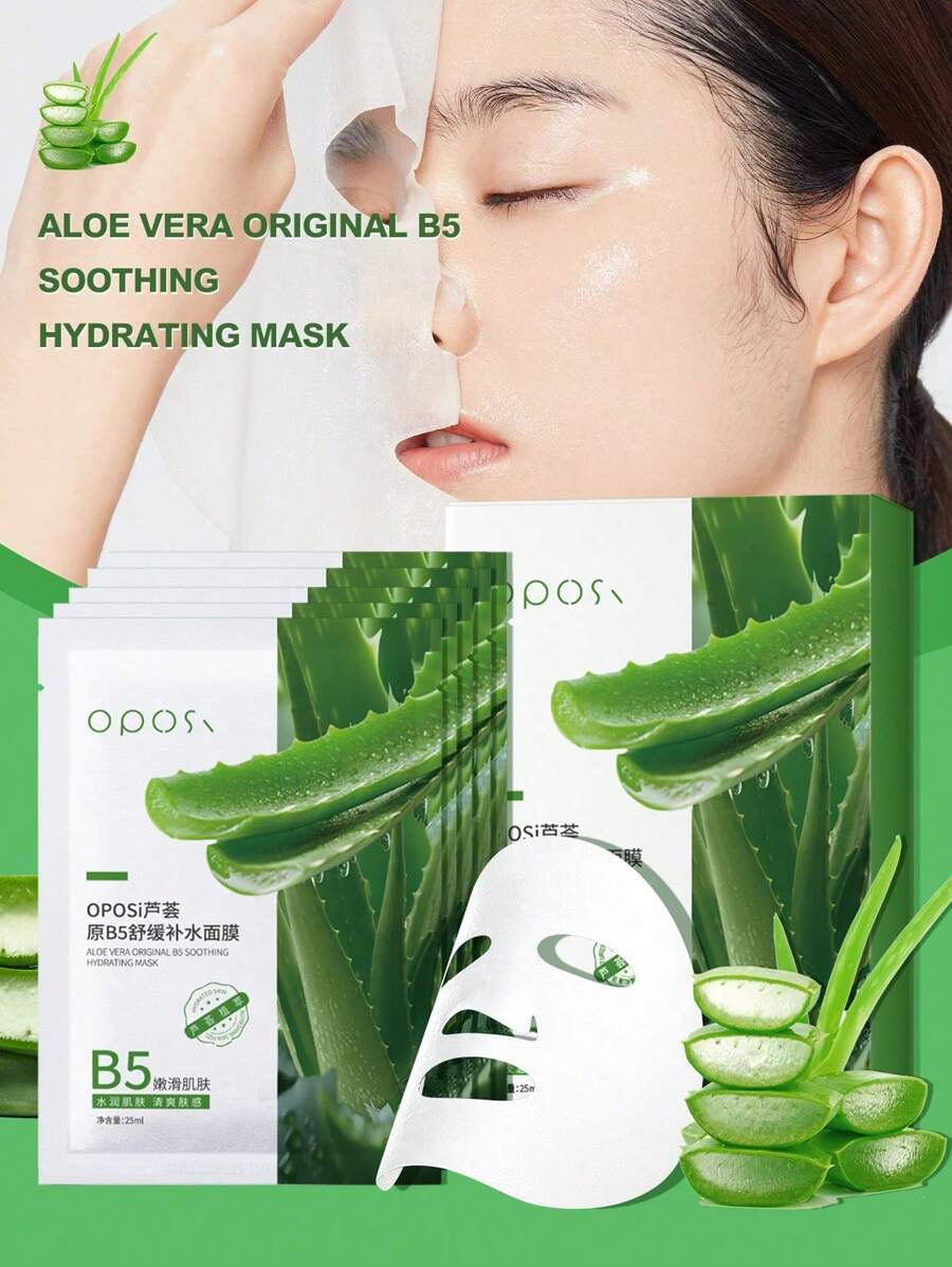 5/10片装芦荟B5舒缓保湿面膜，每片25毫升，保湿、滋养、提亮肤色、舒缓、深层滋养、柔滑肌肤，适合所有肤质，天然植物萃取系列 - 綠色 - 查看 1
