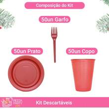 Disposable Christmas Kit Dessert Fork Plate Cup Complete 50 Decoration Christmas Ornaments - 珠光紅和銀色 - 查看 2